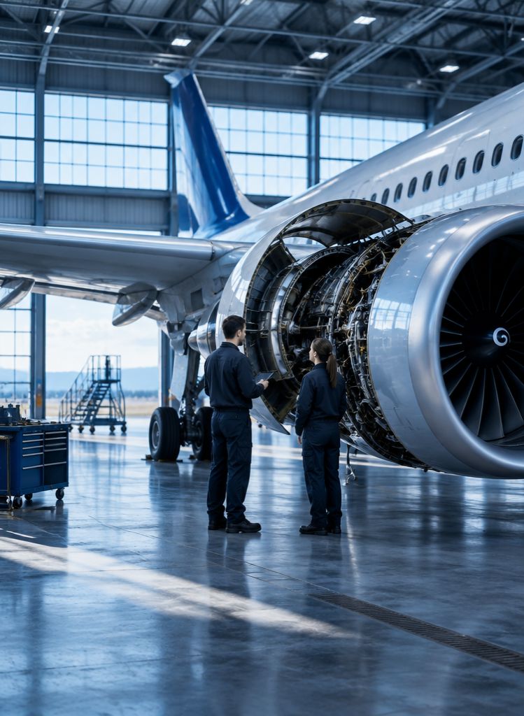 Engineers inspecting an open jet engine in a hangar
