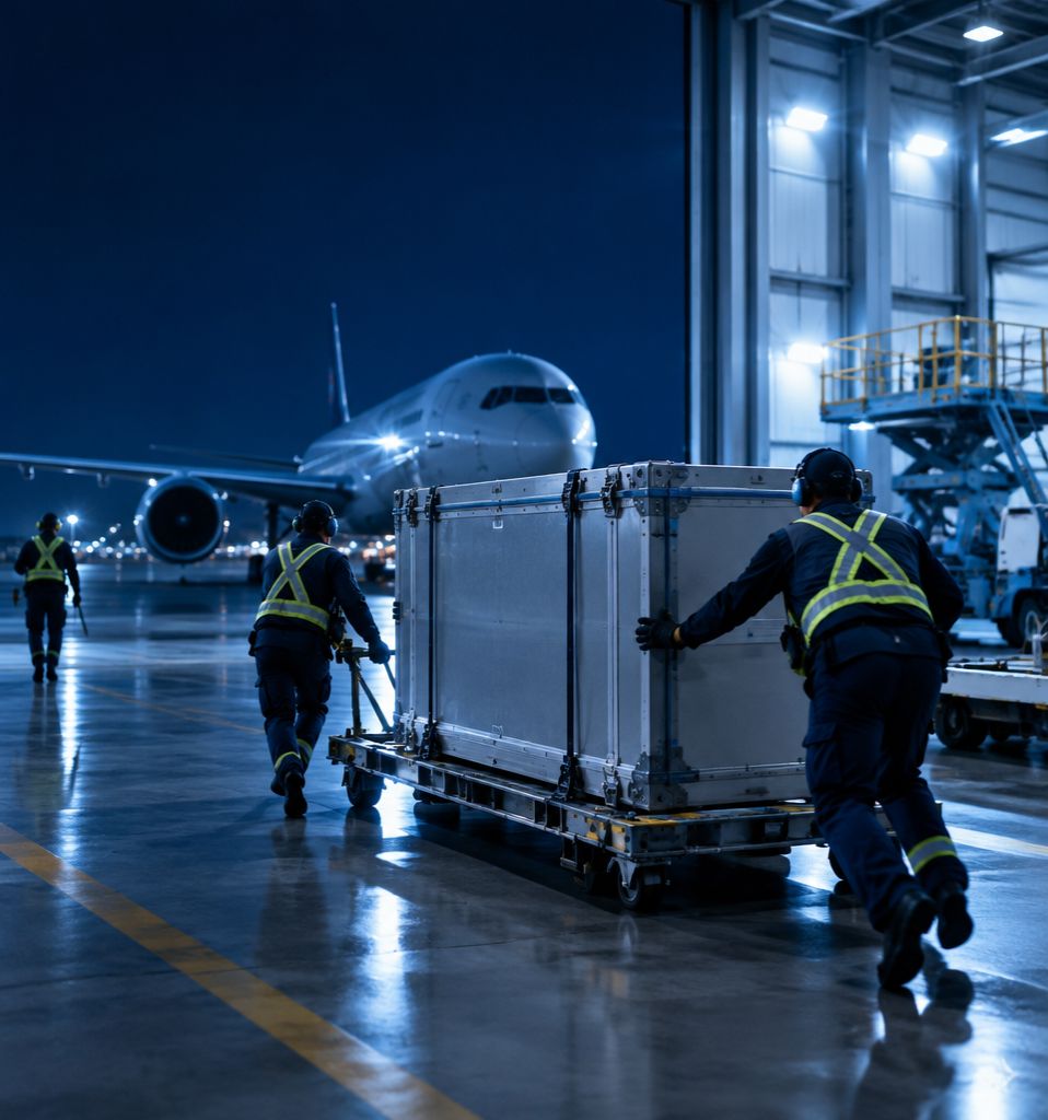 Ground crew moving a parts container at night