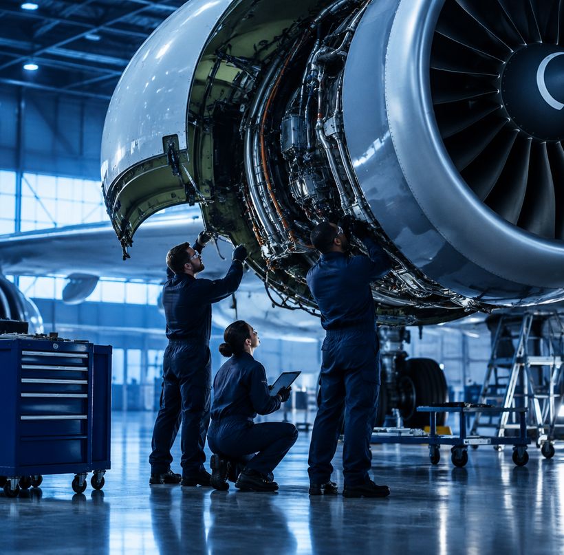 Technicians working on an open engine