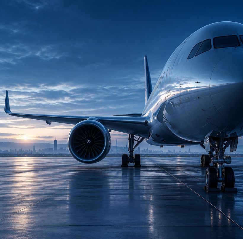 Commercial aircraft on the apron at dusk