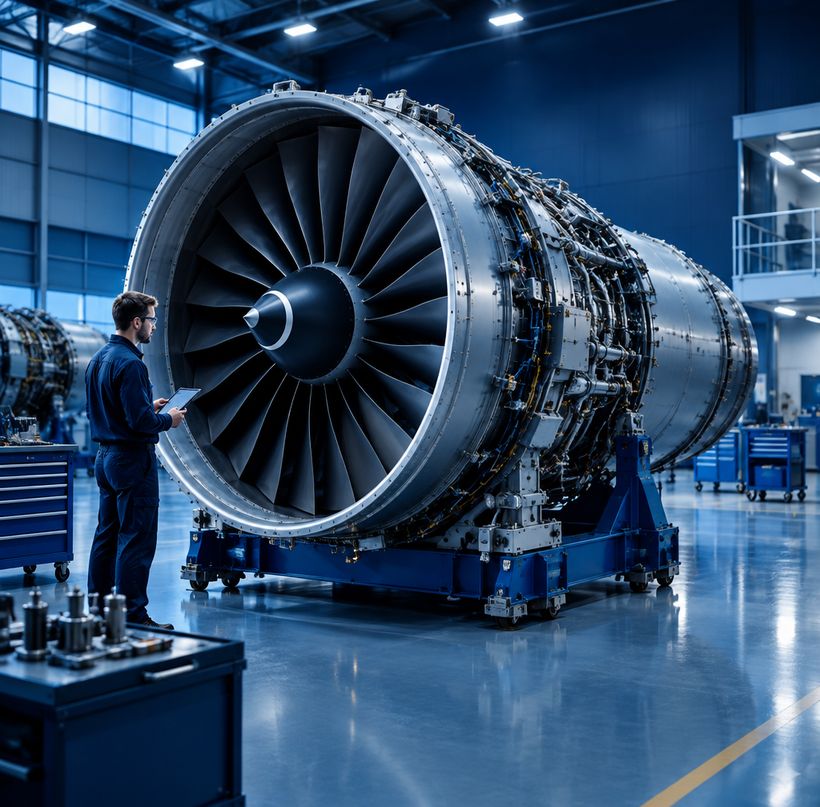 Turbofan engine on a stand in the engine shop